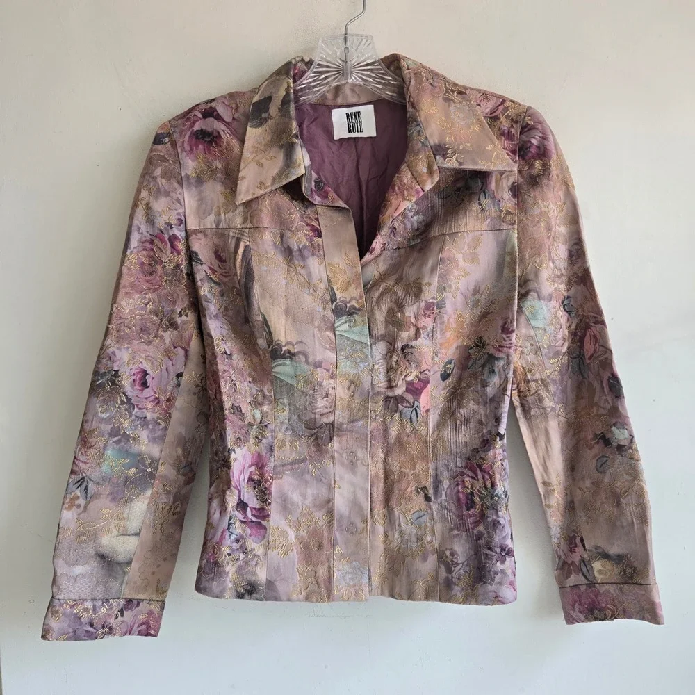 Rene Ruiz Designer Floral Brocade Purple Snap Front Colorful Blazer Jacket